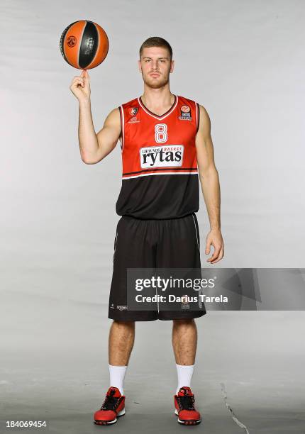 Dovydas Redikas, #8 of Lietuvos Rytas Vilnius poses during the Lietuvos Rytas Vilnius 2013/14 Turkish Airlines Euroleague Basketball Media day at...