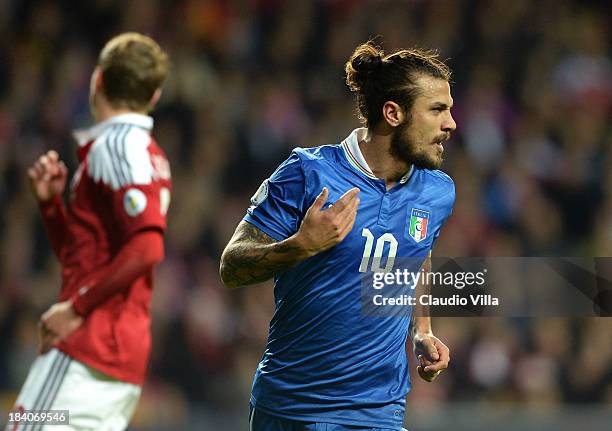 Pablo Daniel Osvaldo of Italy celebrates after scoring the opening goal of the FIFA 2014 World Cup qualifier between Denmark and Italy on October 11,...