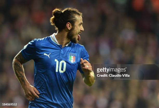 Pablo Daniel Osvaldo of Italy celebrates after scoring the opening goal of the FIFA 2014 World Cup qualifier between Denmark and Italy on October 11,...