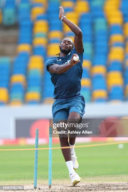 Jofra Archer of England bowls during a Net session ahead of the third CG United One Day International at Kensington Oval on December 08, 2023 in...