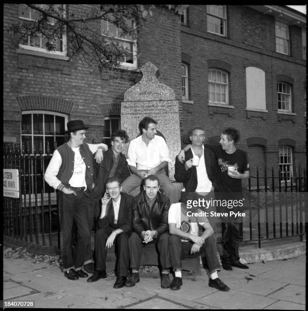Irish folk-punk group The Pogues outside the Rak recording studio in St. John's Wood, London, 9th March 1989. Standing, left to right: Spider Stacy,...