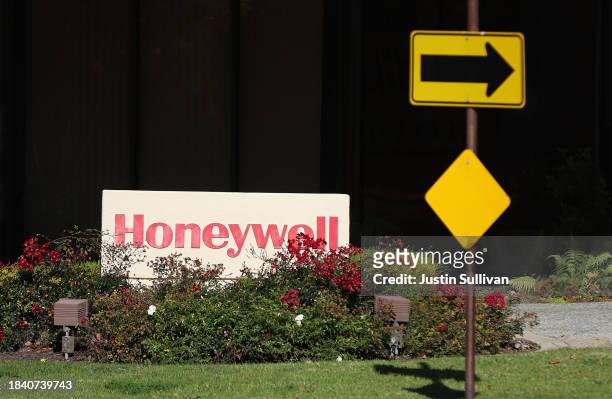 Sign is posted in front of a Honeywell office on December 08, 2023 in Sunnyvale, California. Honeywell announced plans to acquire Carrier Global...