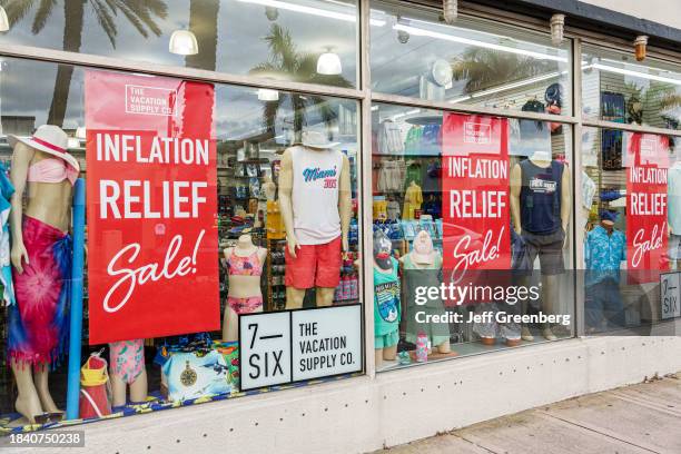 Miami Beach Florida, Collins Avenue, The Vacation Supply Company, window display sign inflation relief sale.