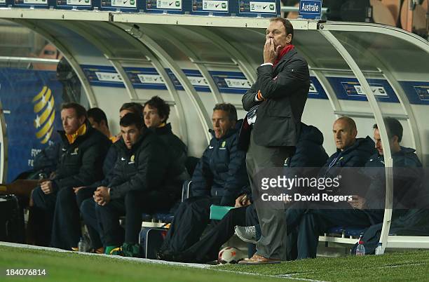 Holger Osieck, the Australia manager looks dejected during the International Friendly match between France and Australia at Parc des Princes on...