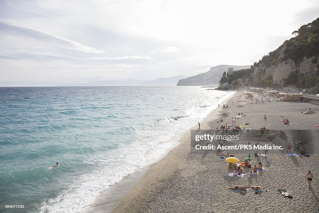 Raised view of beach and mountainsides