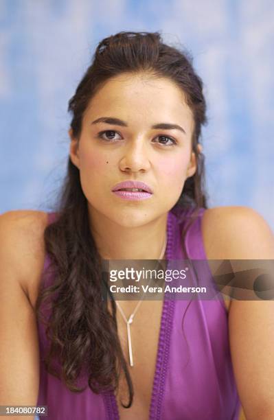 Michelle Rodriguez during S.W.A.T. Press Conference with Colin Farrell, Samuel L. Jackson and Michelle Rodriguez at The Four Seasons Hotel in Beverly...
