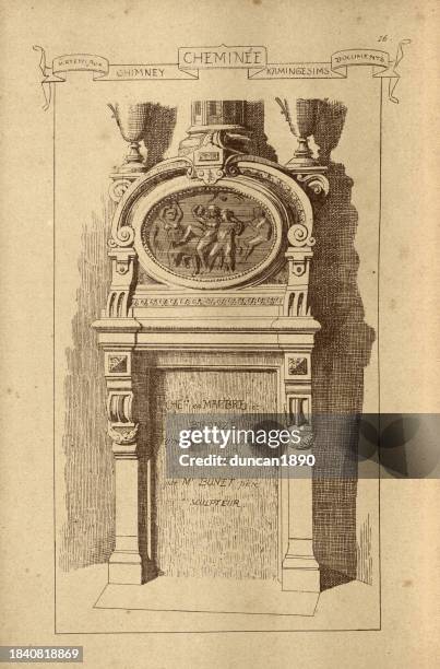 chimney, ornate bronze and marble fireplace, architecture, history of architecture, decor and design, art, french, victorian, 19th century - decor stock illustrations