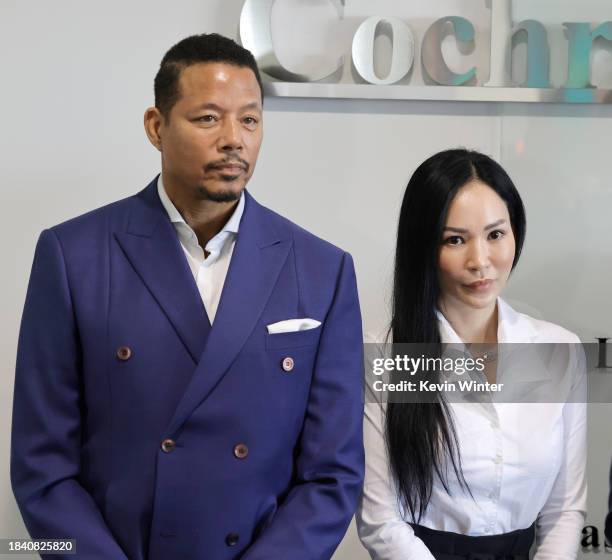 Terrence Howard and his wife Miranda Pak announce lawsuit against CAA over "Empire" salary at The Cochran Firm on December 08, 2023 in Los Angeles,...