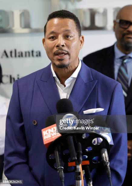 Terrence Howard announces lawsuit against CAA over "Empire" salary at The Cochran Firm on December 08, 2023 in Los Angeles, California.