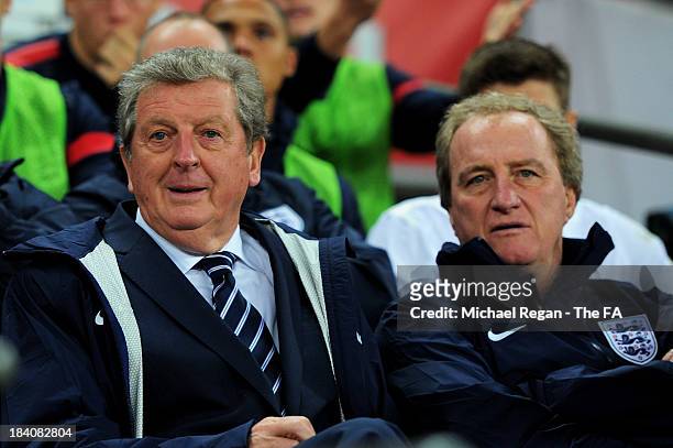 England manager Roy Hodgson and England assistant manager Ray Lewington look on from the bench during the FIFA 2014 World Cup Qualifying Group H...
