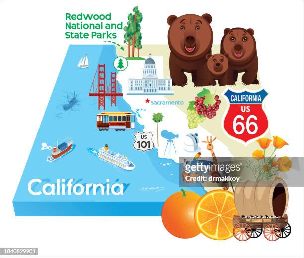 レッドウッド国立公園、カリフォルニア州地図 - anaheim - california点のイラスト素材／クリップアート素材／マンガ素材／アイコン素材
