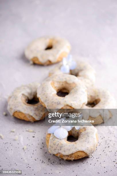 vegan lemon poppy seed donuts - graine de pavot photos et images de collection