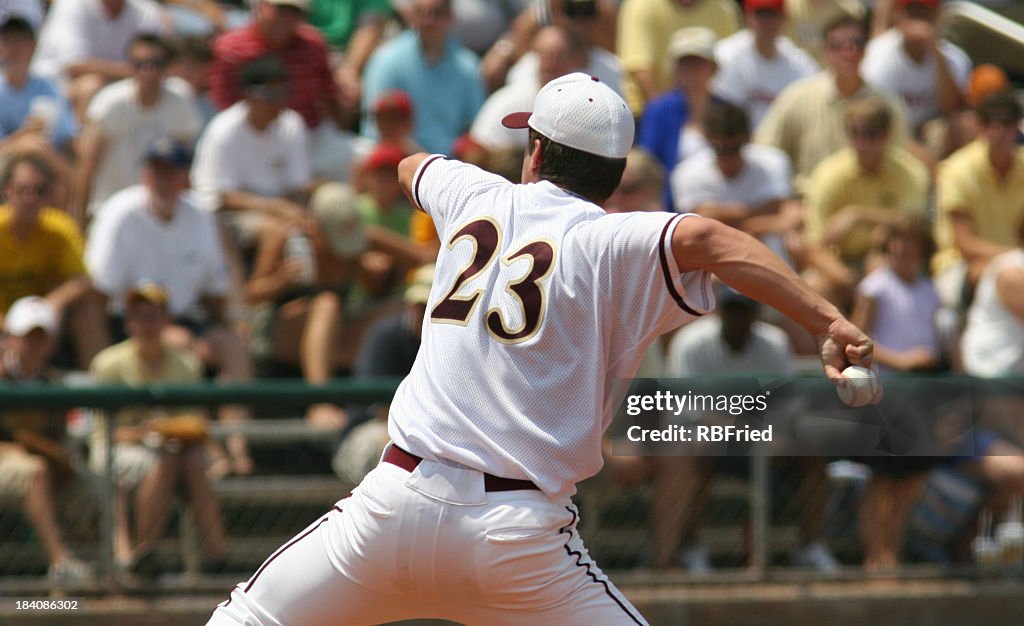 Adult baseball pitcher with spectators in background