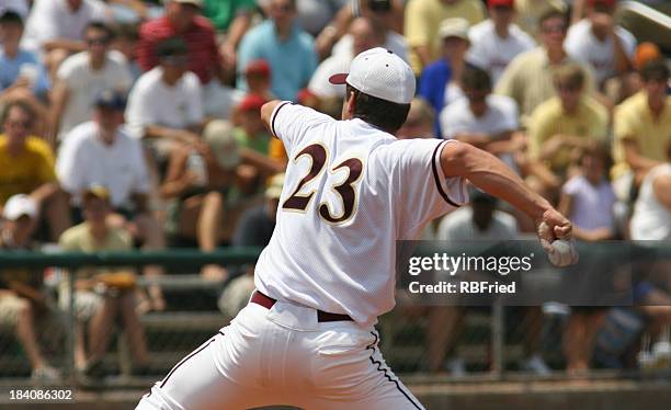 adult baseball pitcher with spectators in background - baseball pitcher stock pictures, royalty-free photos & images