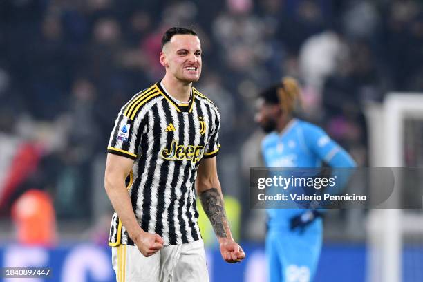 Federico Gatti of Juventus celebrates scoring his team's first goal during the Serie A TIM match between Juventus and SSC Napoli at Allianz Stadium...