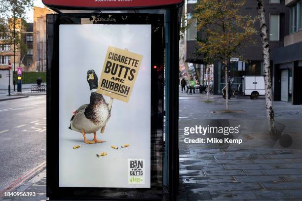Advert against throwing away cigarette butts from the 'Bin your butts' campaign from Keep Britain Tidy on 14th November 2023 in London, United...