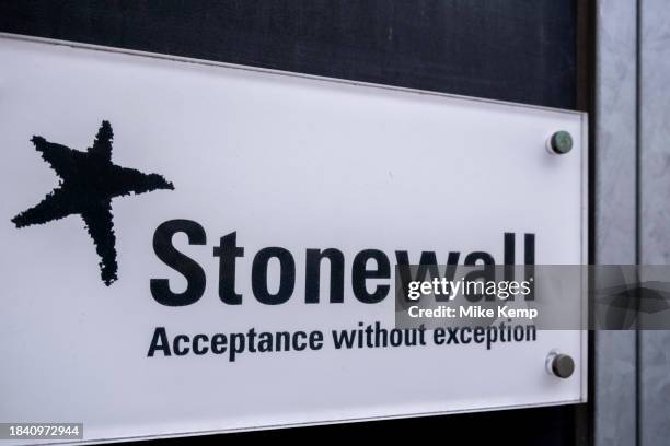 Stonewall office exterior sign on 18th November 2023 in London, United Kingdom. Stonewall Equality Limited, trading as Stonewall, is a lesbian, gay,...