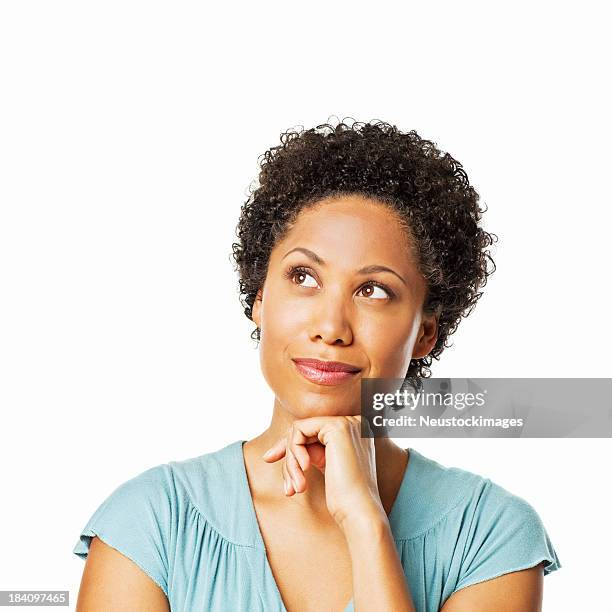 attractive woman deep in thought - isolated - woman thinking hand on chin stock pictures, royalty-free photos & images