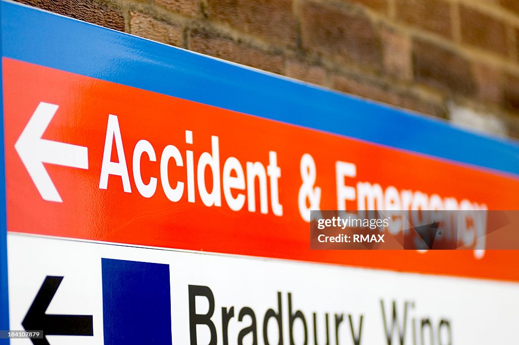 Hospital sign pointing to accident & emergency
