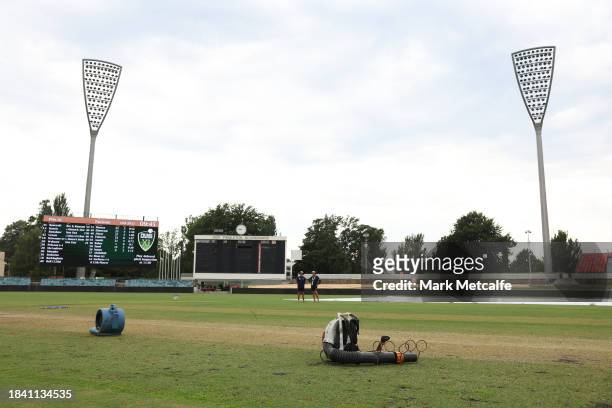 Blowers attempt to dry the wicket during a delay to the start of play due to an overnight storm during day four of the Tour match between PMs XI and...