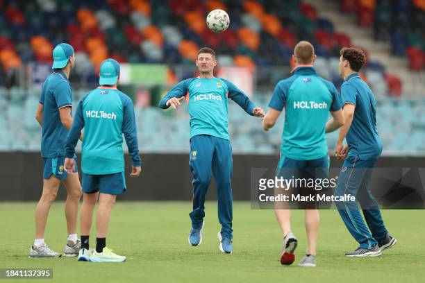 Cameron Bancroft of the Prime Ministers XI heads a football during a delay to the start of play due to an overnight storm during day four of the Tour...