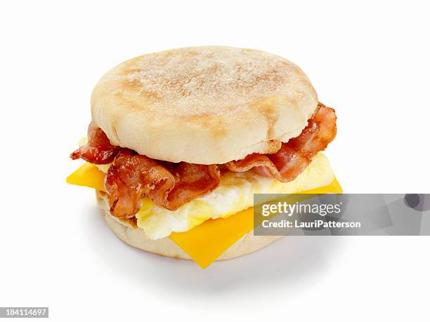bacon and egg breakfast sandwich - english muffin isolated stock pictures, royalty-free photos & images