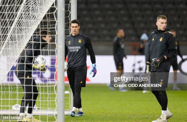Real Madrid's Spanish goalkeeper Kepa Arrizabalaga attends a training session in Berlin on December 11 on the eve of the UEFA Champions League Group...