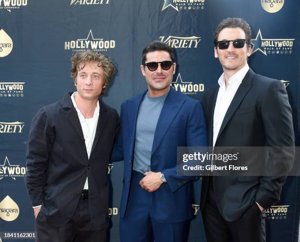 Jeremy Allen White, Zac Efron and Miles Teller at the star ceremony where Zac Efron is honored with a star on the Hollywood Walk of Fame on December...