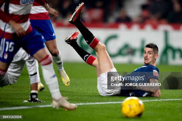 Athletic Bilbao's Spanish midfielder Oihan Sancet reacts during the Spanish league football match Granada FC against Athletic Club Bilbao at Los...