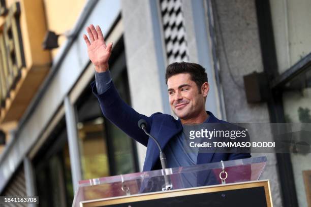 Actor Zac Efron poses speaks during his Hollywood Walk of Fame ceremony in Hollywood, California, December 11, 2023.