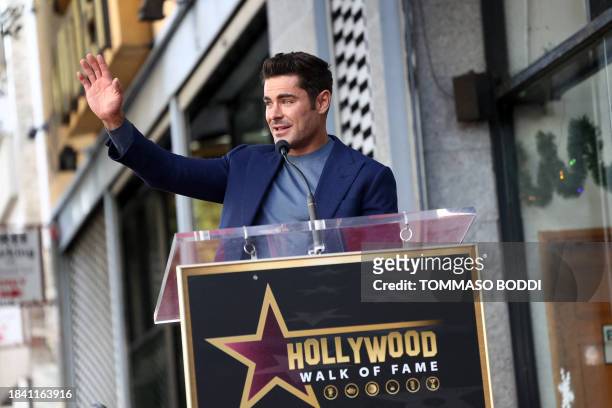 Actor Zac Efron poses speaks during his Hollywood Walk of Fame ceremony in Hollywood, California, December 11, 2023.