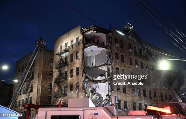 Emergency responders, firefighters respond after a partial building collapse in the Bronx, New York, United States on December 11, 2023. Collapse...