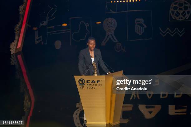 Goalkeeper of the Year, Chiamaka Nnadozie makes a speech at the Confederation of African Football Awards 2023 in the Moroccan city of Marrakech on...
