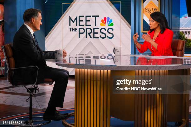 Pictured: Sen. Mitt Romney and moderator Kristen Welker appear on "Meet the Press" in Washington D.C., Sunday Dec. 10, 2023. --