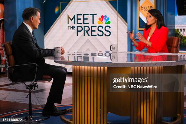 Pictured: Sen. Mitt Romney and moderator Kristen Welker appear on "Meet the Press" in Washington D.C., Sunday Dec. 10, 2023. --