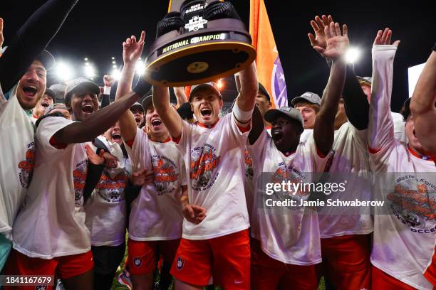 Clemson Tigers celebrate after winning the Division I Men's Soccer Championship held at the Lynn Family Stadium on December 11, 2023 in Louisville,...