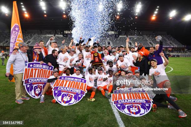 Clemson Tigers celebrate after defeating the Notre Dame Fighting Irish in the Division I Men's Soccer Championship held at the Lynn Family Stadium on...