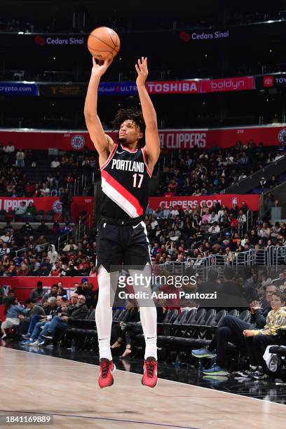 Shaedon Sharpe of the Portland Trail Blazers shoots a three point basket against the LA Clippers on December 11, 2023 at Crypto.Com Arena in Los...