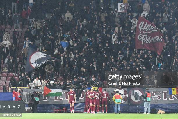 Players from CFR Cluj are celebrating during the match between CFR Cluj and FCSB at Dr. Constantin Radulescu Stadium in Cluj-Napoca, Romania, on...