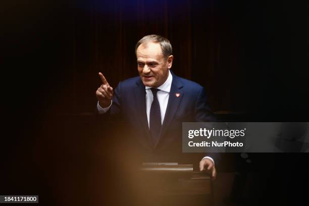 Donald Tusk, the leader of Civic Coalition gives a speech after the parliament voted Tusk a new Prime Minister. Warsaw, Poland on December 11, 2023....