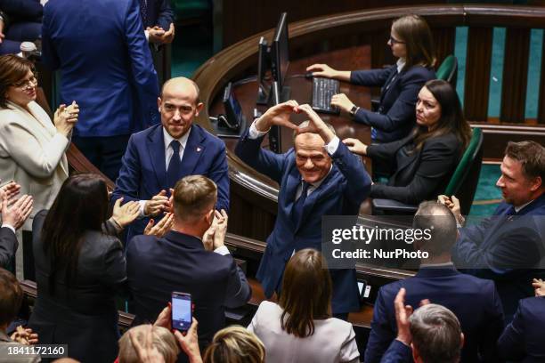 Donald Tusk, the leader of Civic Coalition is given an applouse after the parliament voted Tusk a new Prime Minister. Warsaw, Poland on December 11,...