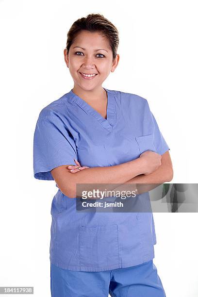 weibliche krankenschwester in peelings - nurse and portrait and white background and smiling and female and looking at camera stock-fotos und bilder