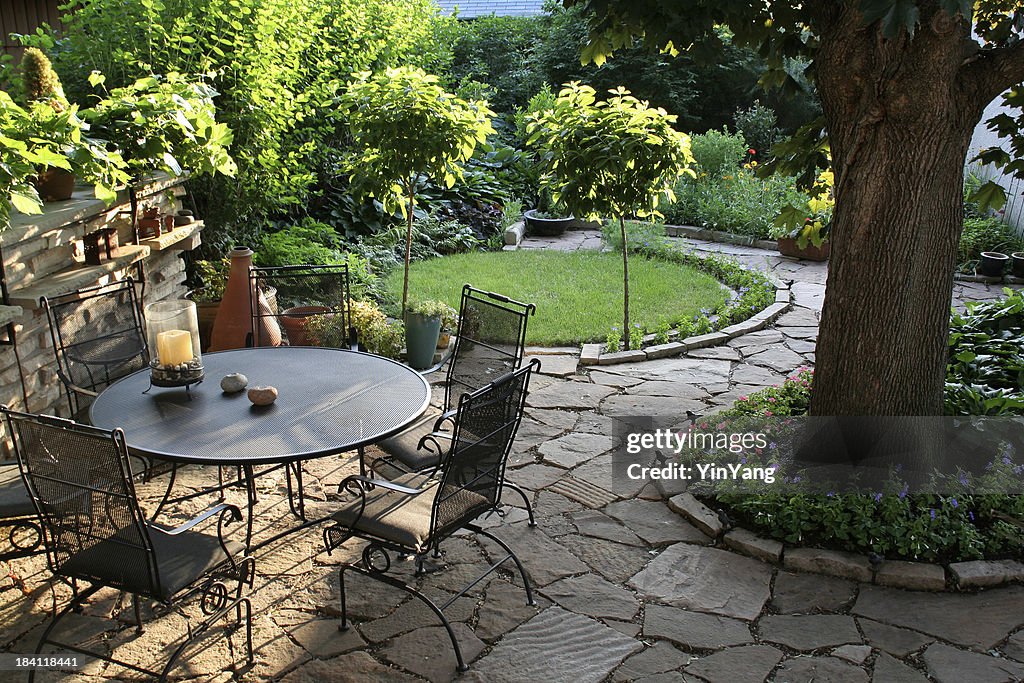 Landscaped Back Yard Patio, Flower Garden with Natural Paving Stones