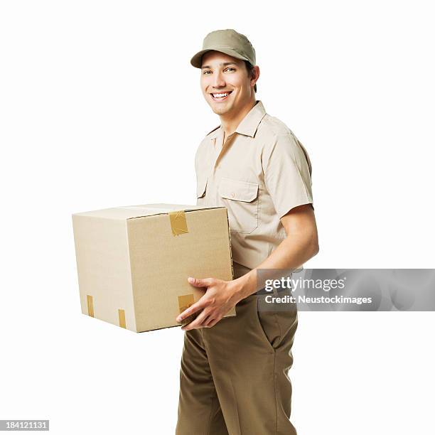 deliveryman carrying a box - isolated - delivery person on white stock pictures, royalty-free photos & images