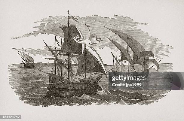 hernán cortés fleet sailing to mexico - new world stock illustrations