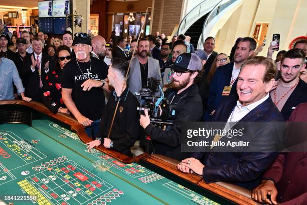 Hulk Hogan and Joe Theismann attend a New Era in Florida Gaming Event at Seminole Hard Rock Hotel & Casino Tampa on December 08, 2023 in Tampa,...