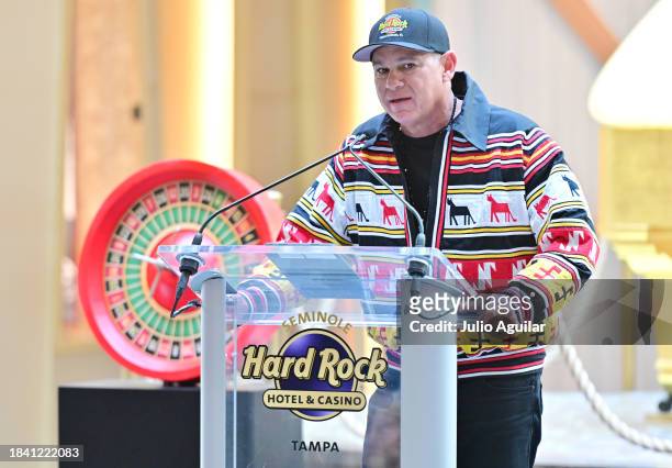 Chris Osceola speaks at a New Era In Florida Gaming Event at Seminole Hard Rock Hotel & Casino Tampa on December 08, 2023 in Tampa, Florida.