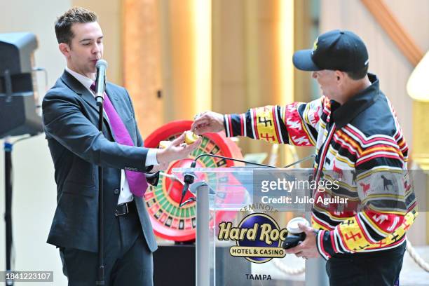 Michael Carbonaro performs with Chris Osceola during a New Era In Florida Gaming Event at Seminole Hard Rock Hotel & Casino Tampa on December 08,...