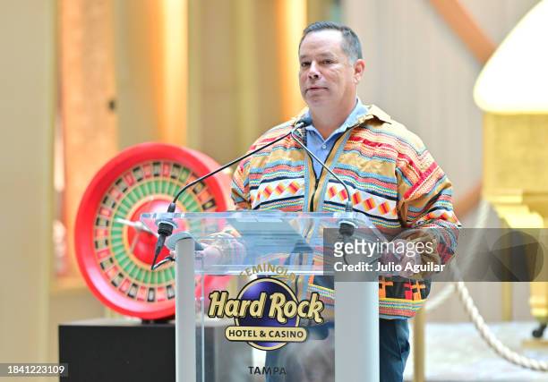Marcellus W. Osceola Jr. Speaks at the New Era In Florida Gaming Event at Seminole Hard Rock Hotel & Casino Tampa on December 08, 2023 in Tampa,...