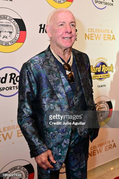 Ric Flair attends a New Era In Florida Gaming Event at Seminole Hard Rock Hotel & Casino Tampa on December 08, 2023 in Tampa, Florida.